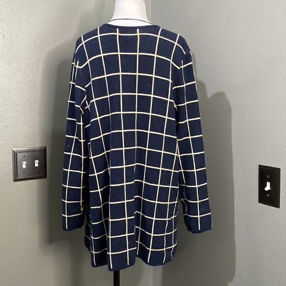 Charter Club Windowpane Navy Tan Open Front Knit Cardigan - Picture 5 of 7